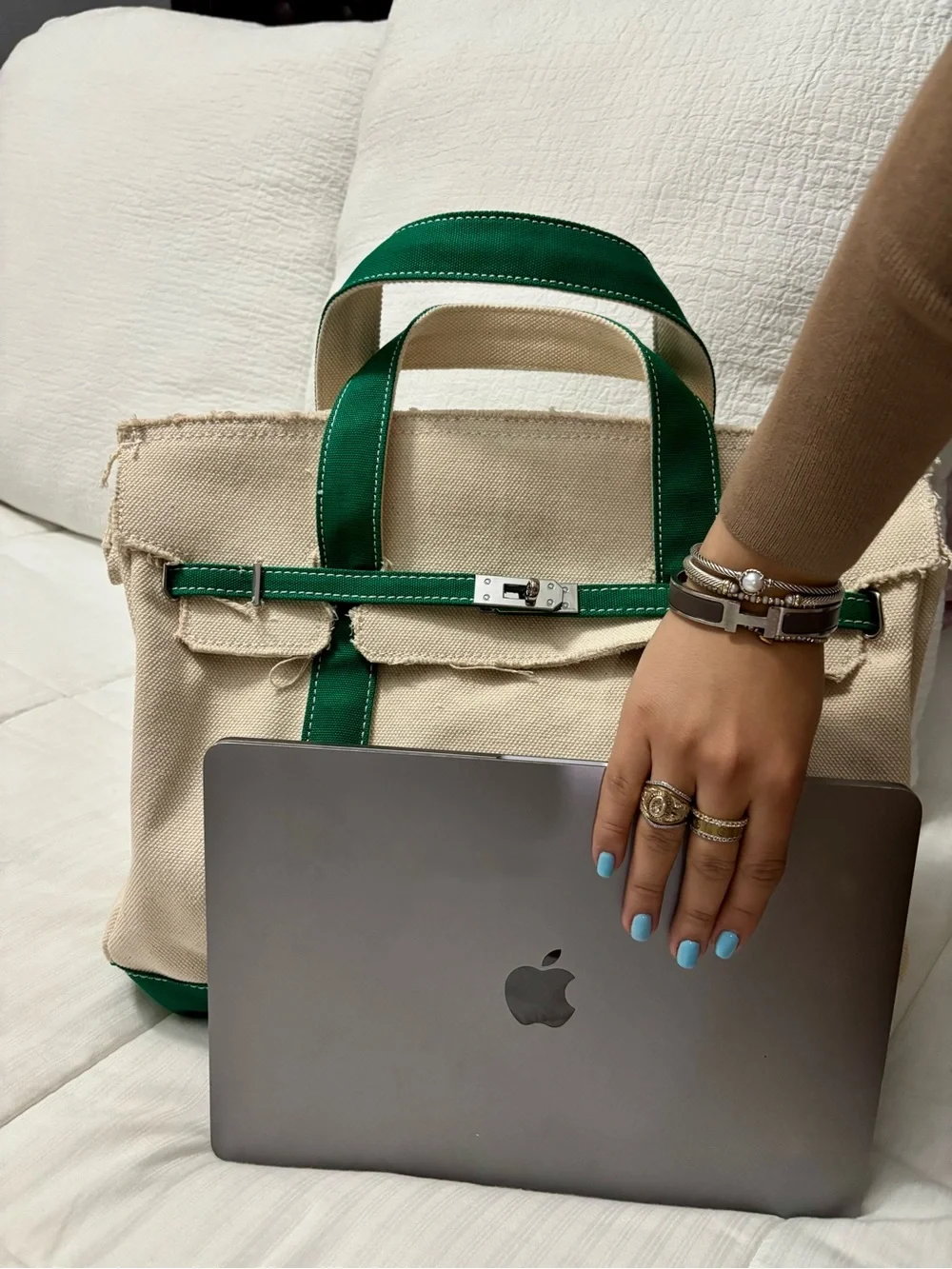 Boatkin Large Canvas Tote Bag with Green Trim- Sunwin